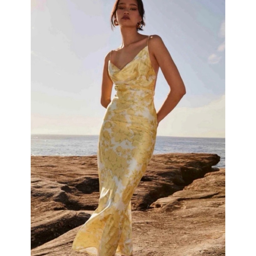 Peppermayo Coastal Escape Satin Maxi Dress Yellow Floral Cowl Neck Open Back 14